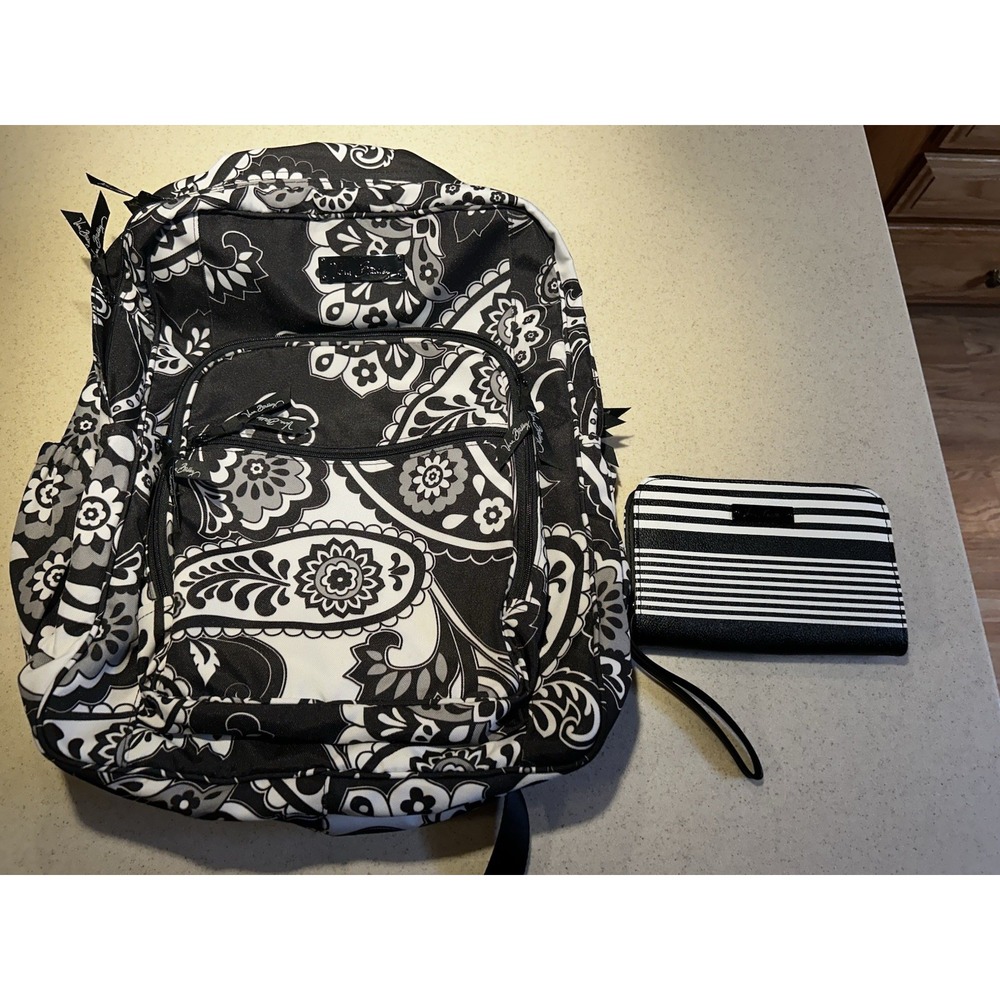 Vera Bradley Lg Canvas Backpack Black White Midnight Paisley Retired W/wallet